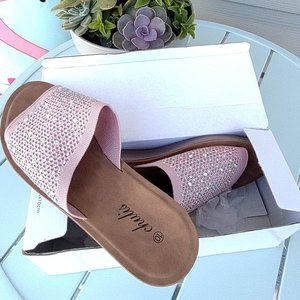 Pink Knit-Style Rhinestone Mules